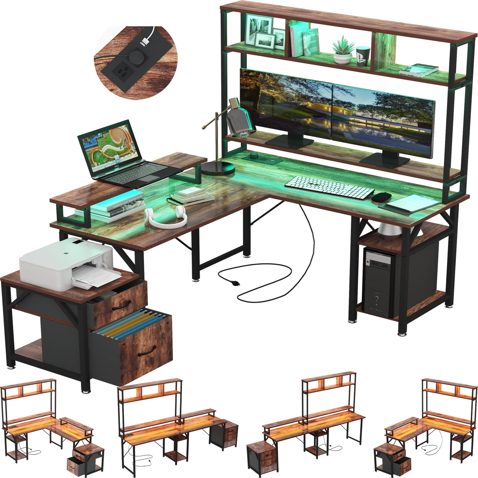  SZXKT L Desk,Home Office Desks,Reversible L Shaped Desk,66 Inch  Gaming Desk with Power Outlets Corner Computer Desk with Drawers Large  Writing Study Table Workstation with Hooks(Rustic Brown) : Home & Kitchen