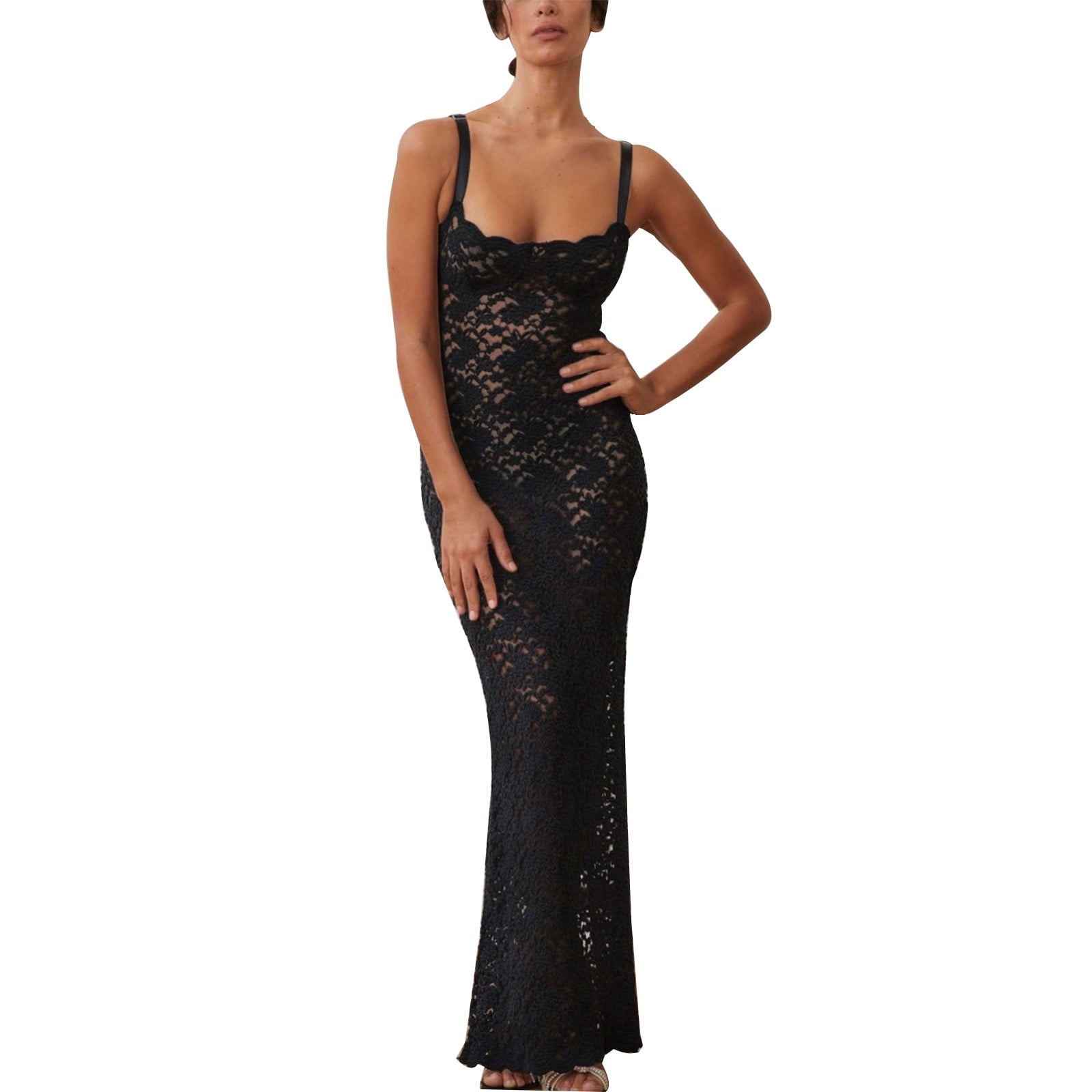 Black Sheer Lace Maxi Dress, Dresses