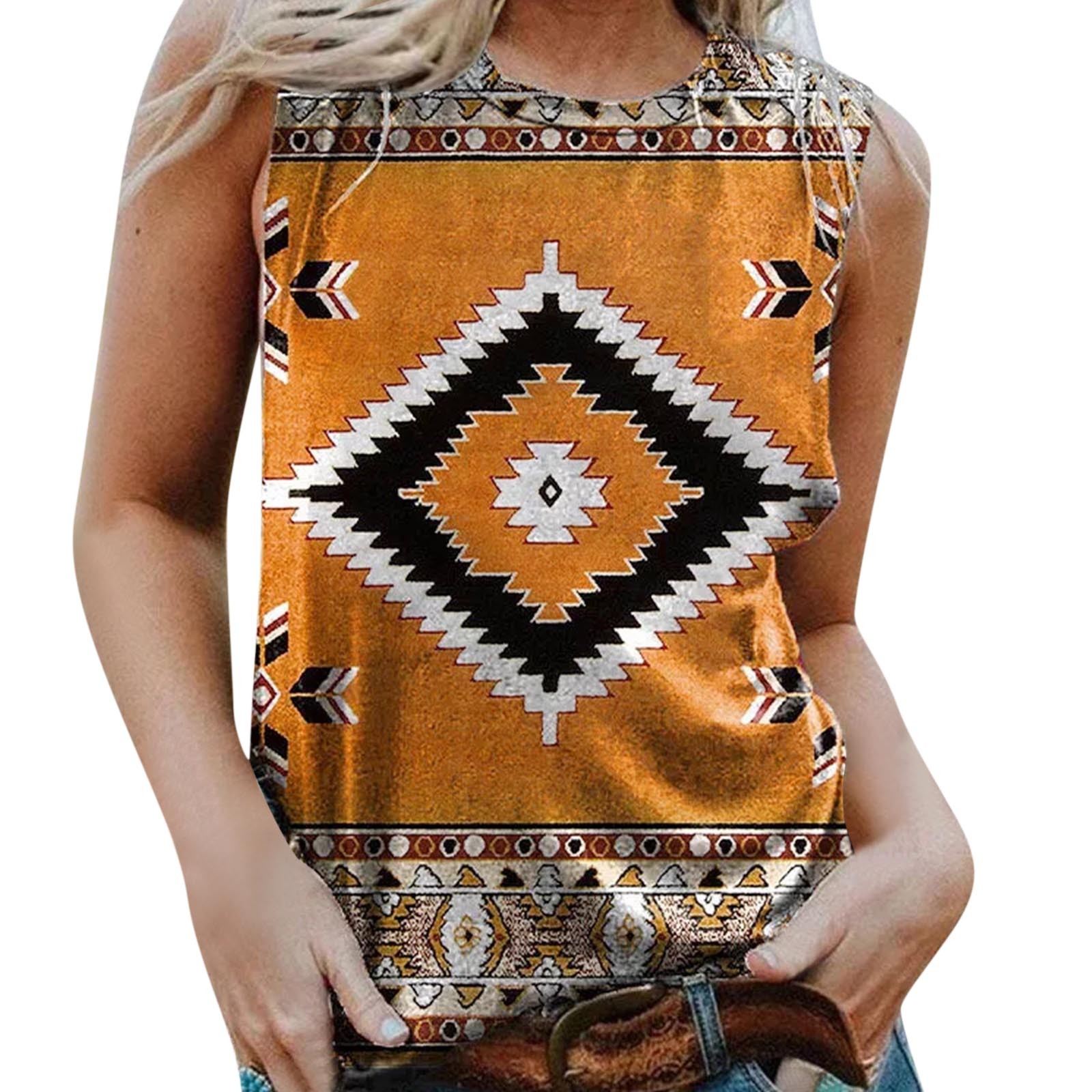 SZXZYGS Black Tank Top Woman Women Casual Aztec Print Round Neck Shirts ...
