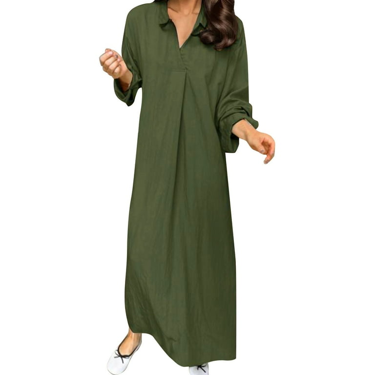 SZXZYGS Fall Dresses Solid Color Lapel Long Sleeve Simple Temperament Loose Casual Long Plus Size Dress 2024 Women Dresses
