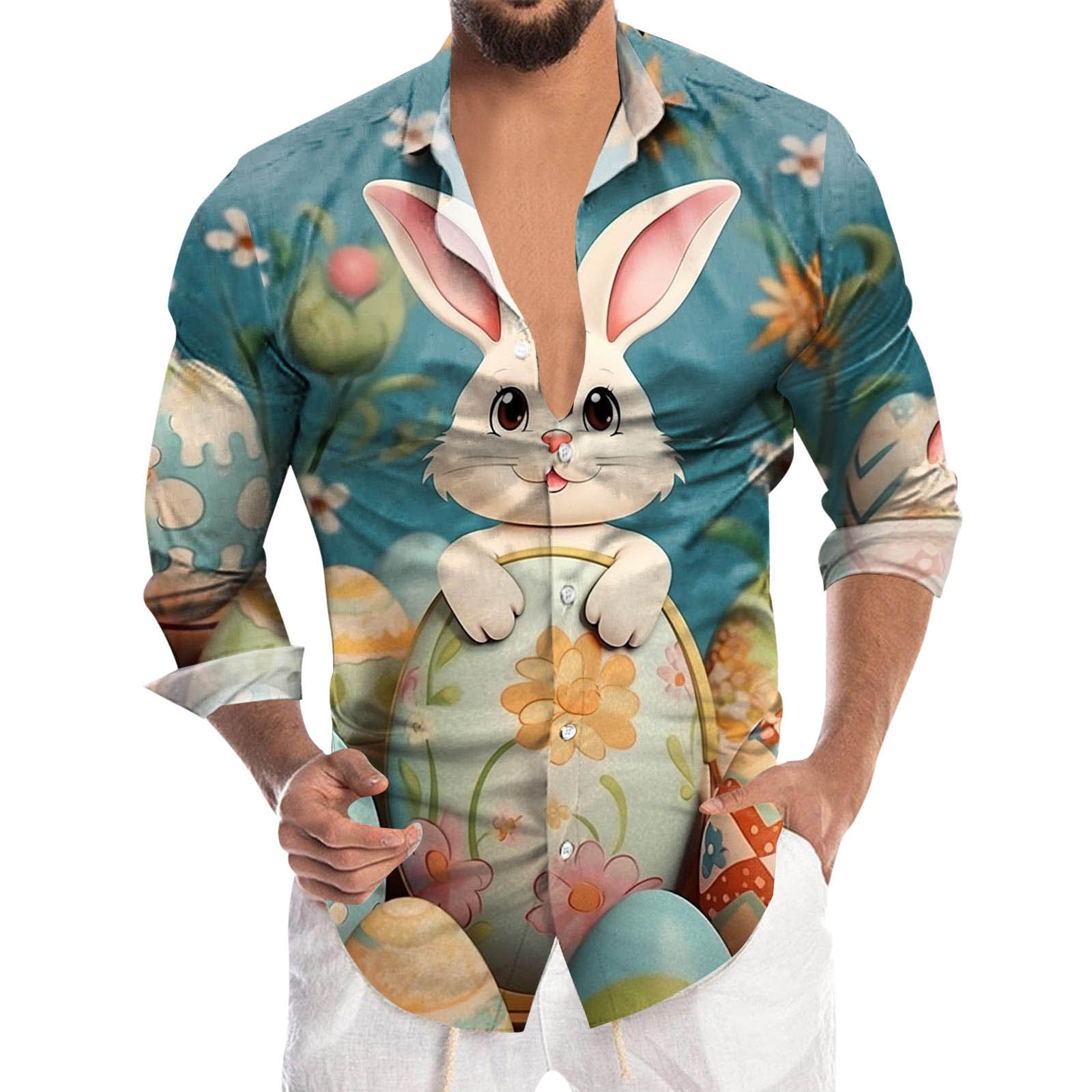 SZXZYGS Mens Dress Shirts White and Green Men's Easter Fashion Digital