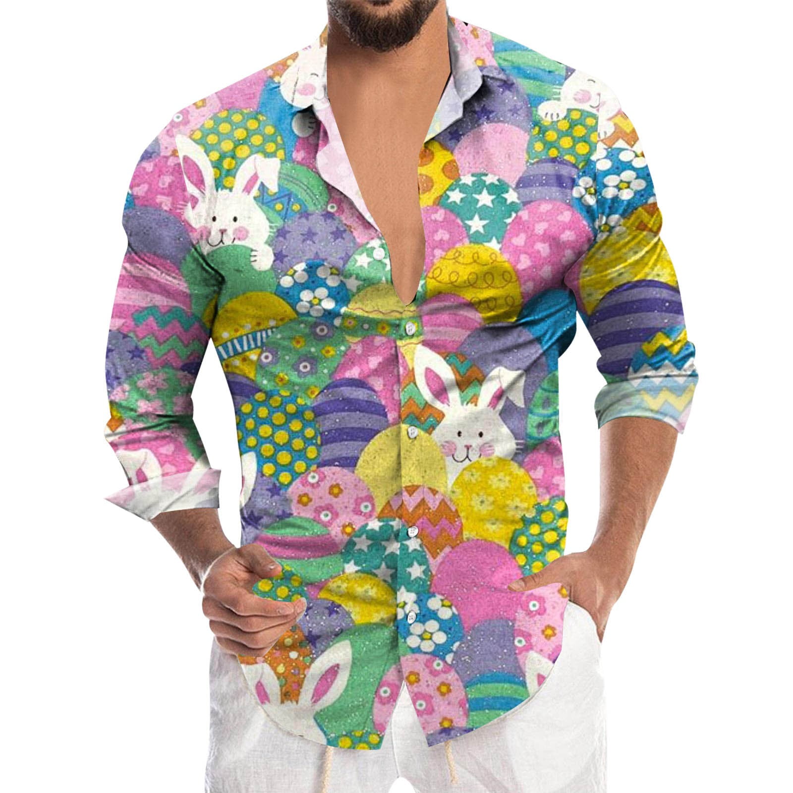 SZXZYGS Mens Shirts Long Sleeve Flannel Men's Easter Fashion Digital 3D ...