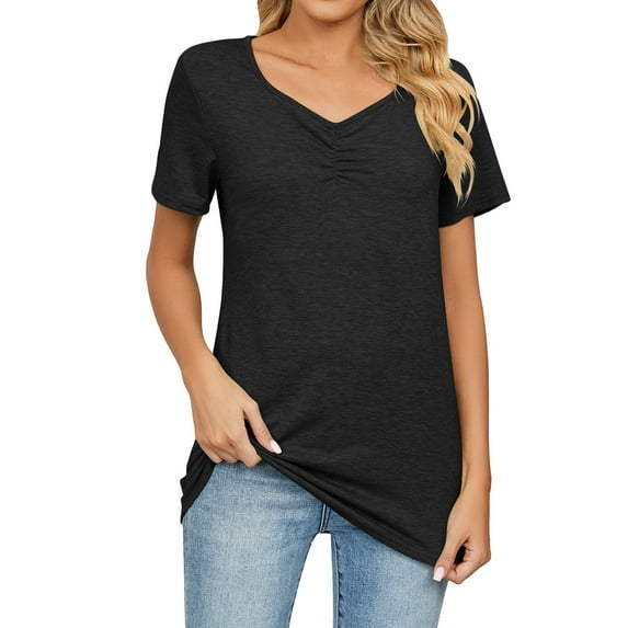 SZXZYGS T Shirts for Women Cotton Pack Of 6 Womens Thin V Neck Pleated Summer New Casual Pullover Solid Color Temperament T Shirt