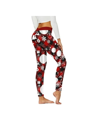 Christmas Leggings for Women, High Waisted, Red Plaid and Blue