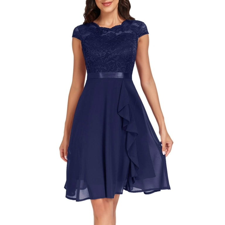 SZXZYGS Women s Dresses Long Women s Short Sleeve Bridal Friend Dress for Wedding Lace Chiffon Mid Length formal Evening Dress Fall Dresses for Women