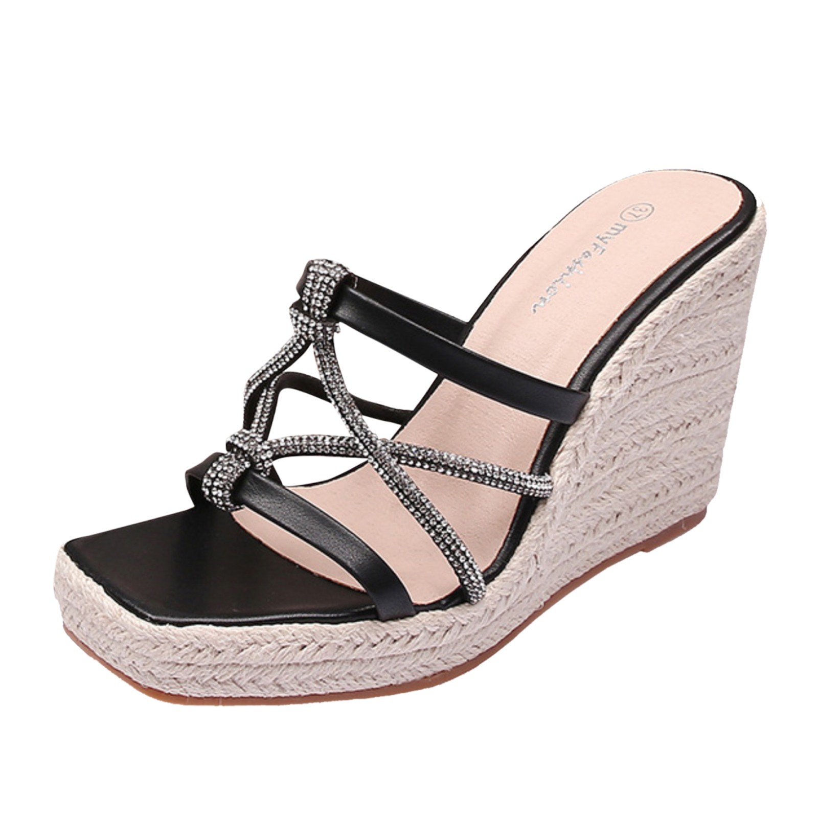 SZXZYGS Womens Sandals Flip Flop Rhinestone Espadrille Sandals Jute Wedge Heeled Sandals for