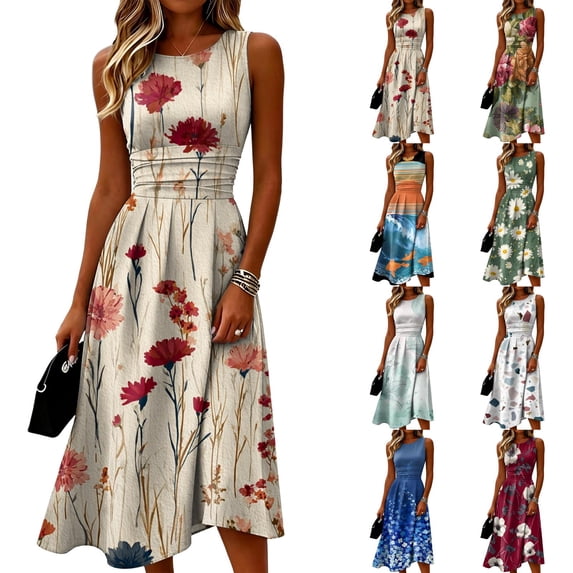 KLHDSF Dresses For Women Crew Neck Sleeveless Fit And Flare Fashionable Lightweight Elegant Summer Dress Orange S