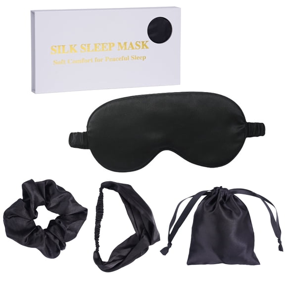 SaKaguro 4pcs Silk Sleep Mask,Satin Eye Mask Set with Silk Headband ,Silk Hair Ring ,Exquisite Bag,Soft Silky Eyes Cover for Women Girl Birthday Bridesmaid Gifts(Black)