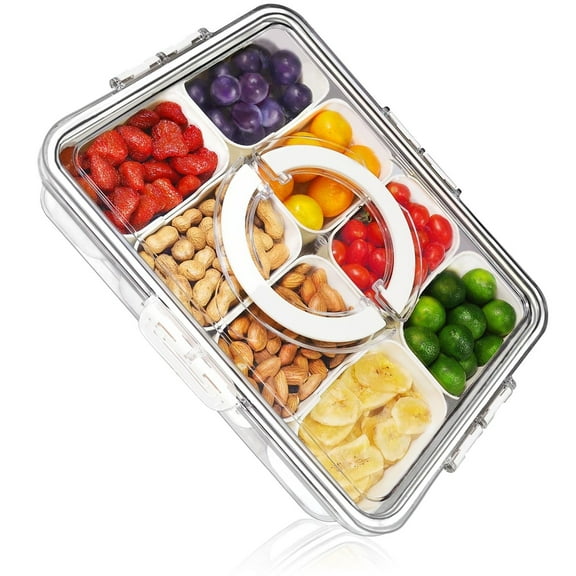 SaKaguro Divided Serving Tray with Lid and Handle,Transparent and Detachable(8 Compartments,Plastic)