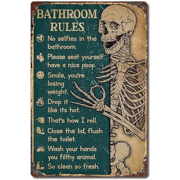 SaNavie Vintage Tin Signs Retro Metal Sign Bathroom Rules Skeleton Vertical Poster, Decor Poster,Antique for Bar Kitchen, Nostalgic Decor- 8x12 Inches, multicolor