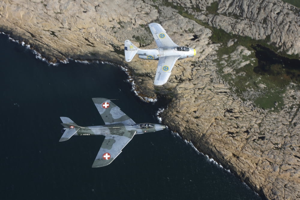 Saab J 29 Flying Barrel and Hawker Hunter vintage jet fighters of the Swedish Air Force Canvas Art - Daniel KarlssonStocktrek Images (18 x 12)