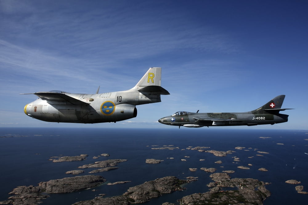Saab J 29 and Hawker Hunter vintage jet fighters of the Swedish Air Force Historic Flight Canvas Art - Daniel KarlssonStocktrek Images (18 x 12)