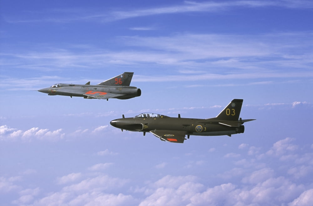 Saab J 32 Lansen and Saab 35 Draken fighters of the Swedish Air Force Historic Flight Canvas Art - Daniel KarlssonStocktrek Images (35 x 23)