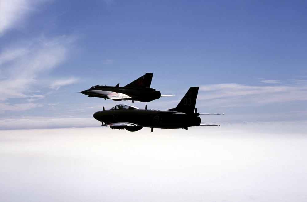 Saab J 32 Lansen and Saab 35 Draken fighters of the Swedish Air Force Historic Flight Canvas Art - Daniel KarlssonStocktrek Images (35 x 23)