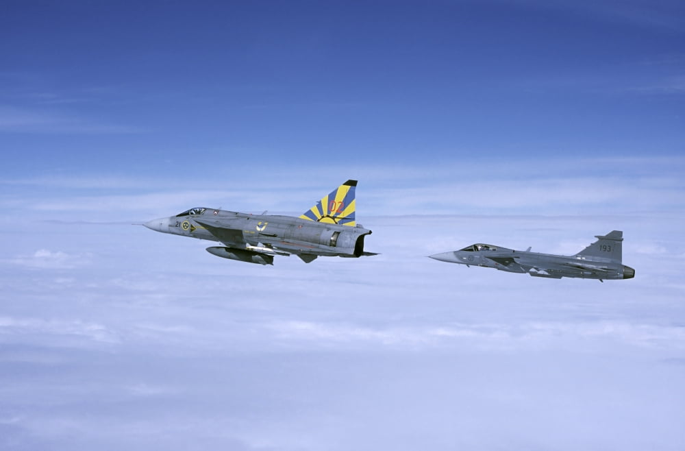 Saab JA 37 Viggen and Saab JAS 39 Gripen fighters of the Swedish Air Force Canvas Art - Daniel KarlssonStocktrek Images (35 x 23)
