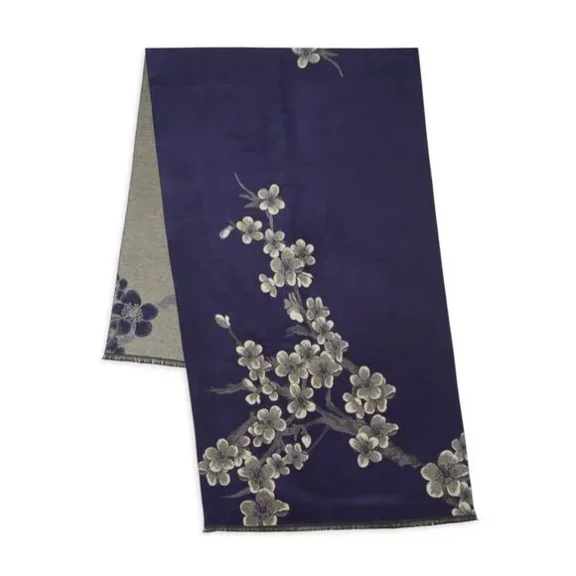 Saachi Floral Reversible Shawl Scarf Blossom Royal Blue Grey Fringe Trim