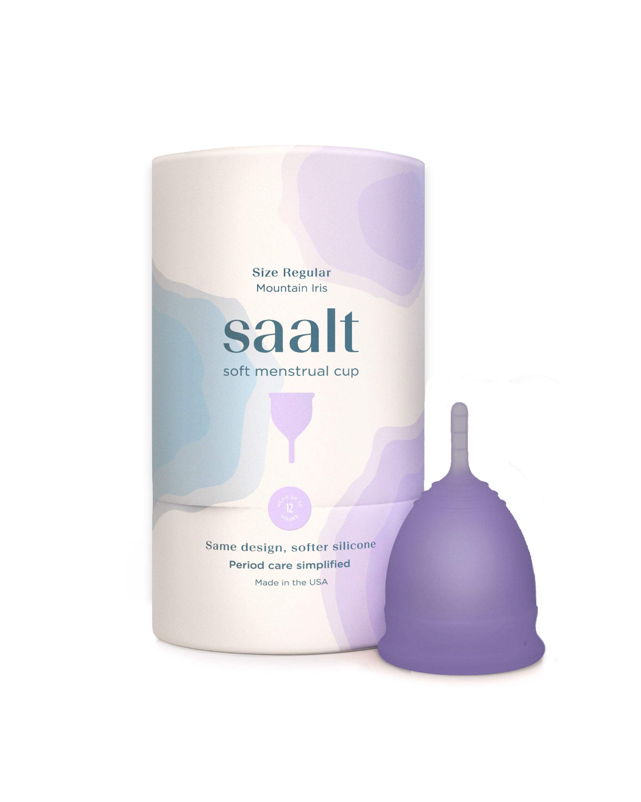 Saalt Soft Menstrual Cup - Super Soft and Flexible - Best Sensitive Cup - Wear for 12 Hours - Made in USA (Mountain Iris, Regular)