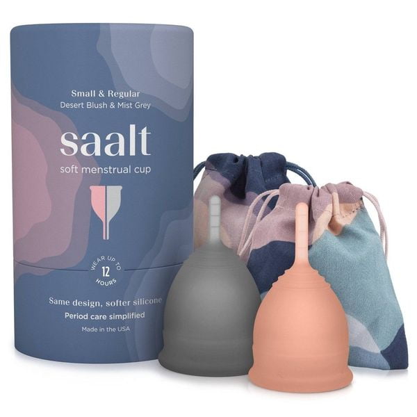 Saalt Soft Menstrual Cup - Super Soft and Flexible - Best Sensitive Cup - Wear for 12 Hours - Tampon and Pad Alternative (Regular Grey, Small Desert Blush)