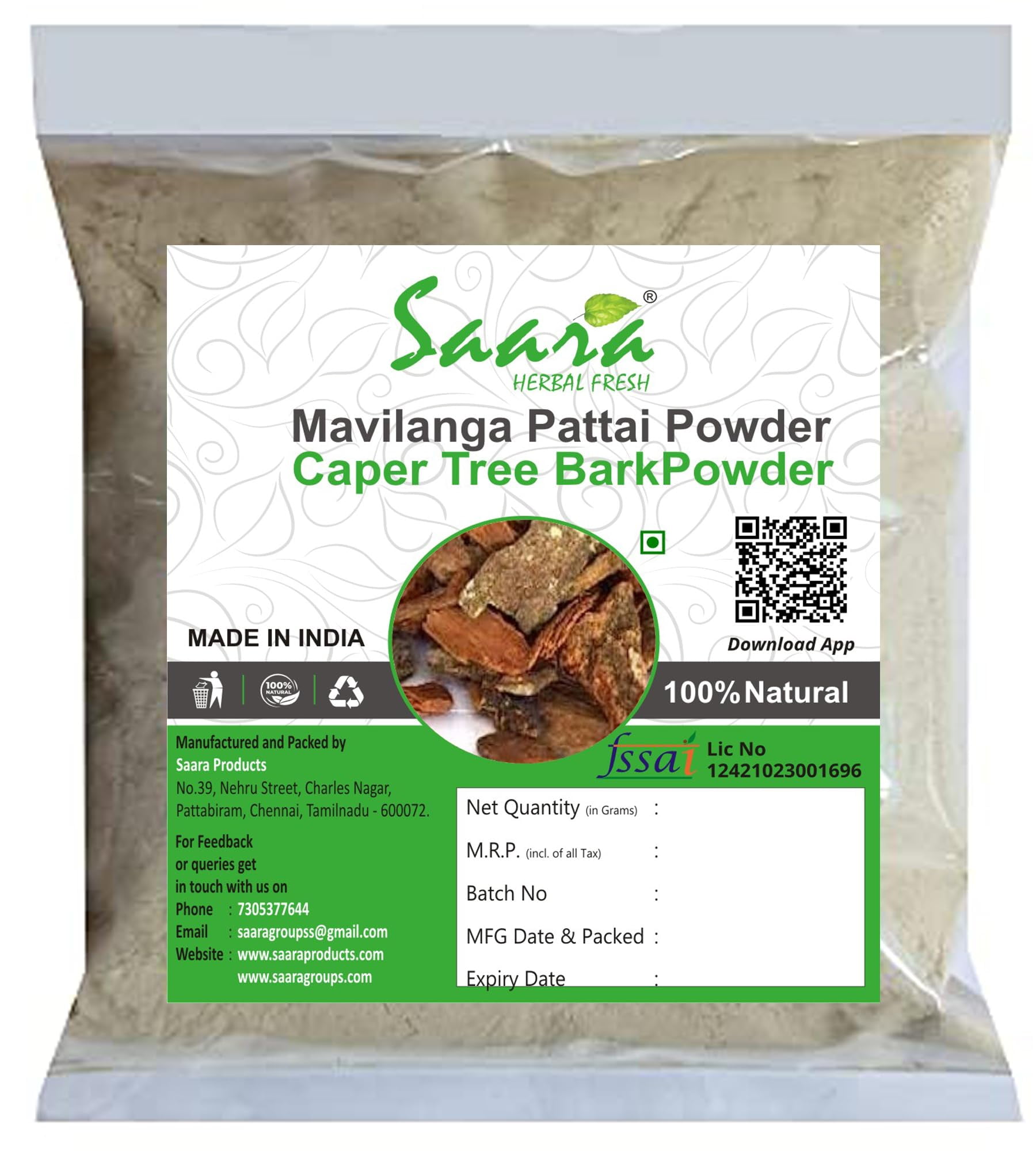 Saara HERBAL FRESH Mavilanga Pattai Powder(101gram)Mavilanga.