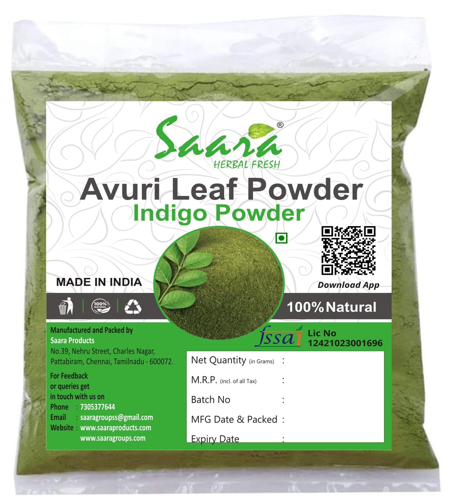 Saara Herbal Fresh Avuri Leaf Powder, Indigo Powder, Neela Amari, Neel