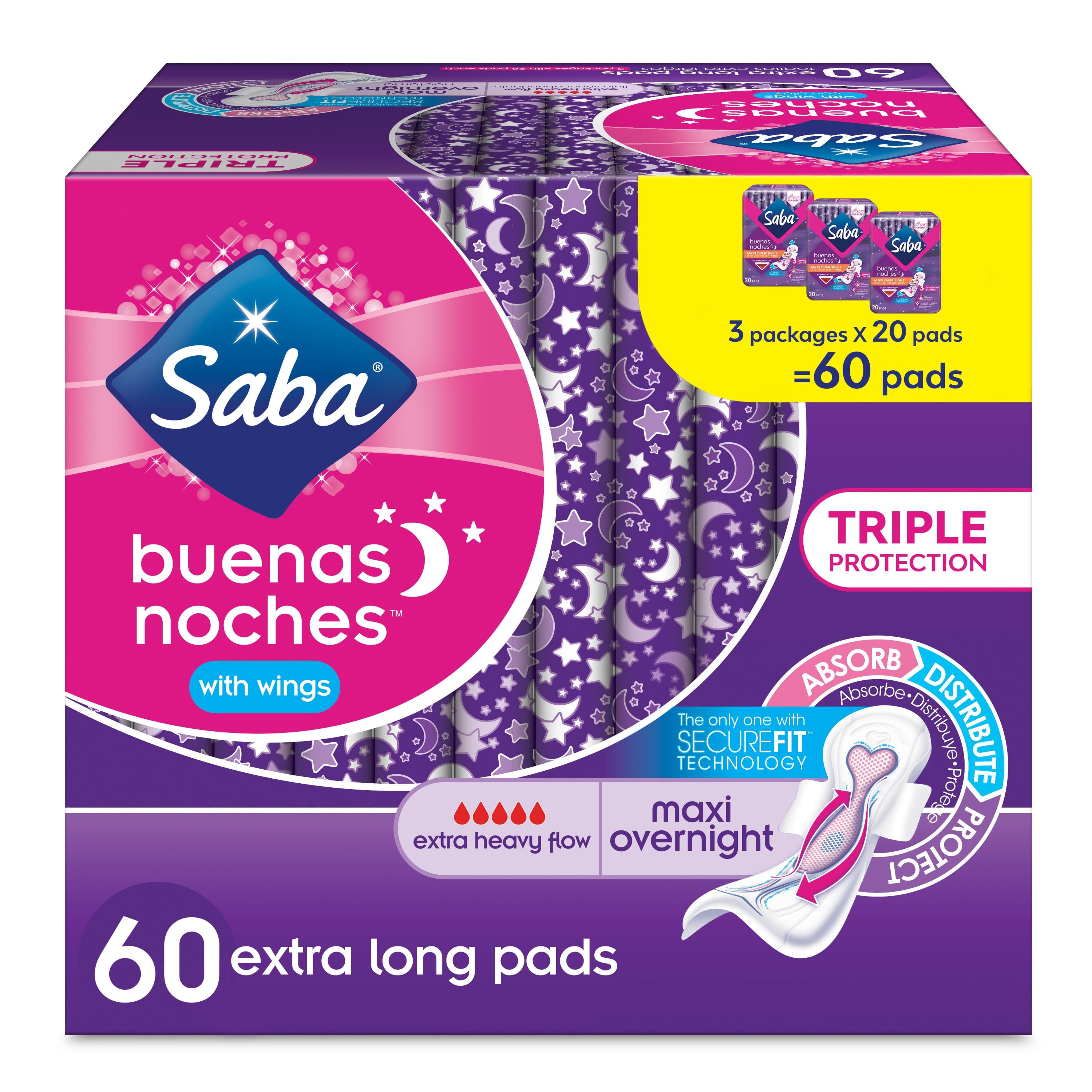 SABA Buenas Noches Overnight Maxi Pads with Wings, Super Absorbency, 60 Count (3 Packs of 20)