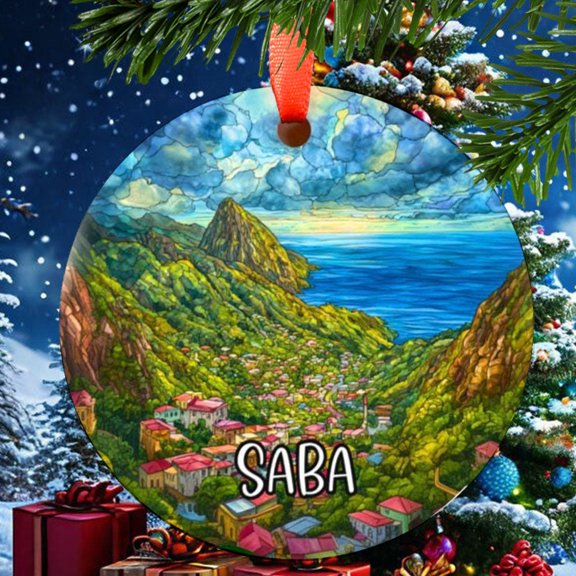 Saba Christmas Ornament, Ceramic, Acrylic - Hawaii Travel Souvenir, Seasonal Tree, Holiday Keepsake 2025, Gift for Explorers, Commemorative, Holiday Tree Decoration