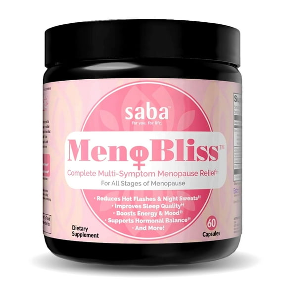 Saba MenoBliss- Complete Menopause Supplement for Women - Hot Flashes, Mood Swings, Hormone Balance, Night Sweats, Mood Swings, with EstroG-100: Ashwagandha Vegan, 60ct