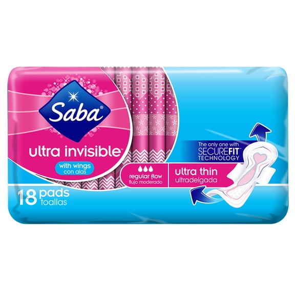 Saba Ultra Invisible Thin Regular Pads 18 Count - Discreet Feminine Hygiene Protection