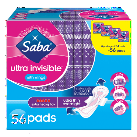 SABA Ultra Thin Overnight Sanitary Pads with Wings, 56 Count