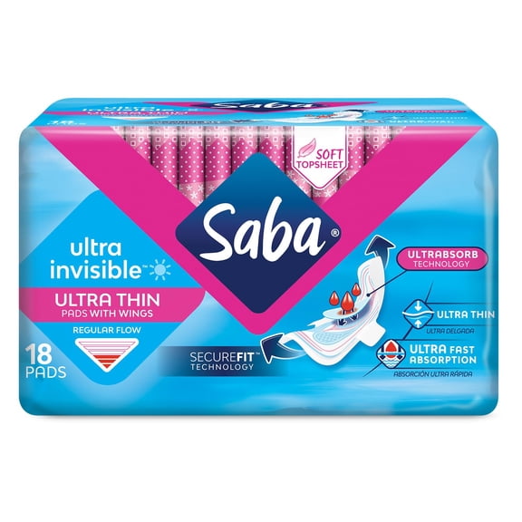 Saba Ultra Invisible Ultra Thin Regular Flow Pads with Wings and SecureFit Technology, 108 Count (6 Packs of 18)