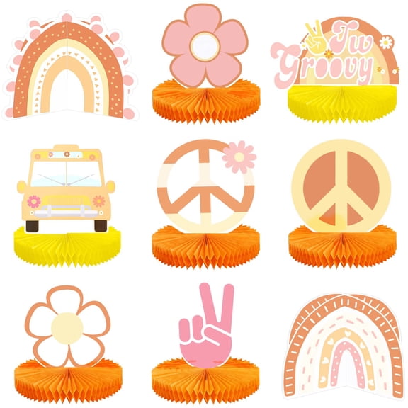 Sabary 9 Pcs Groovy Hippie Boho 60s Party Decorations Two Groovy Honeycomb Table Topper Centerpieces for Table Rainbow Daisy Flower Decoration for Baby Shower 2nd Birthday C51