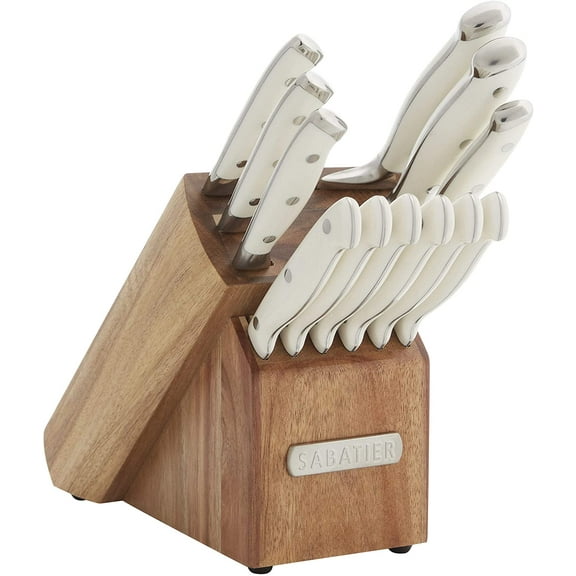 Sabatier 13-Piece Forged Triple Rivet Knife Block Set, High-Carbon Stainless Steel Kitchen Knives, Razor-Sharp Knife Set with Acacia Wood Block, White Handles