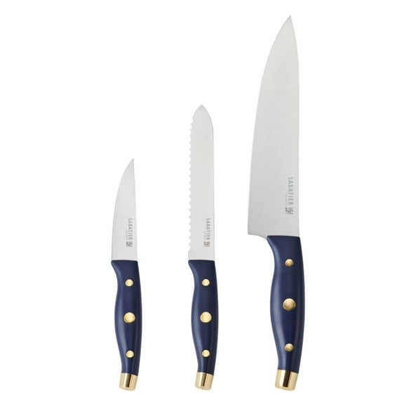 Sabatier 3 Piece Stainless Steel Triple Rivet Chef Knife Set Navy with Gold Accents