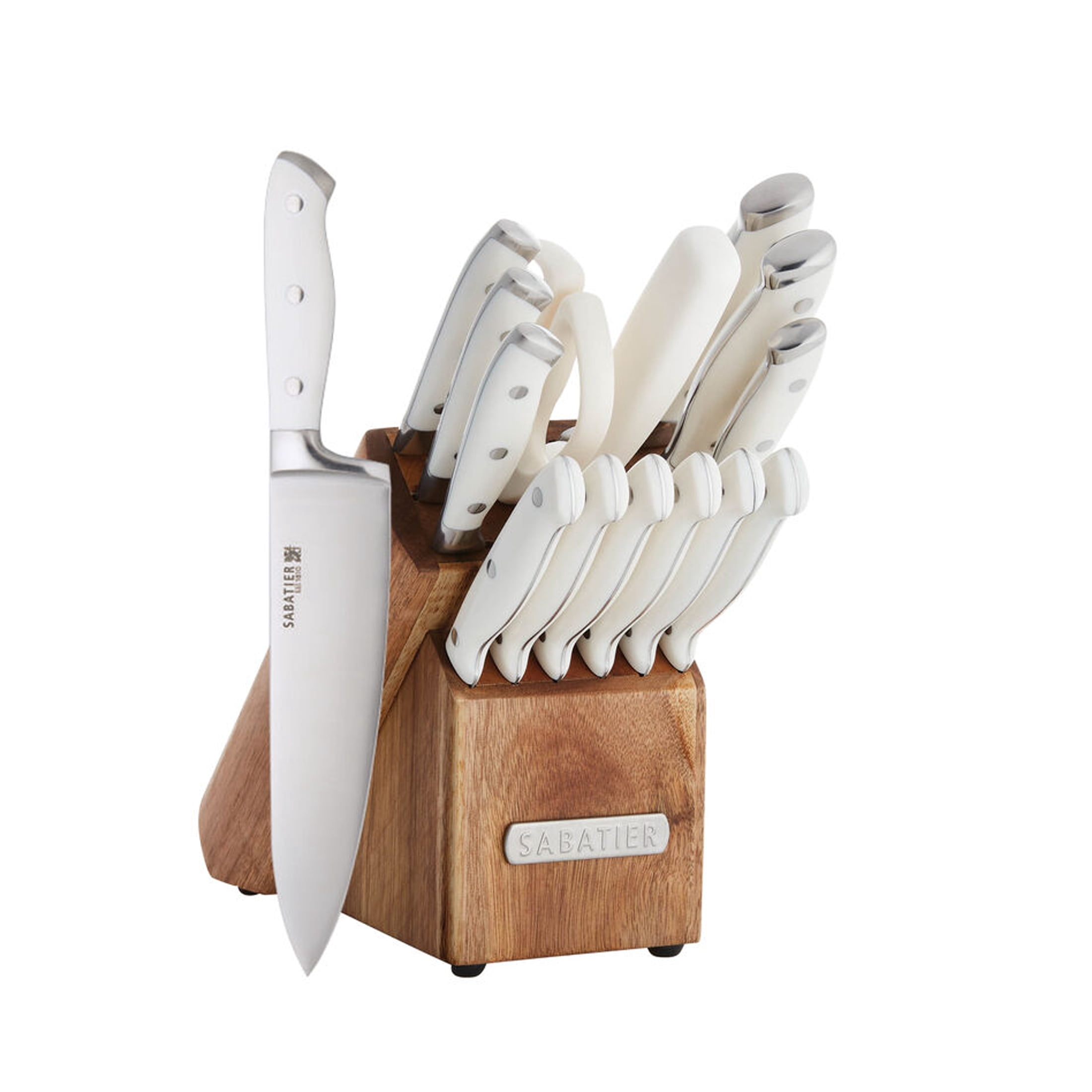 Sabatier 15 Piece Forged Knife Block Set with Acacia Wood Block, White Handles