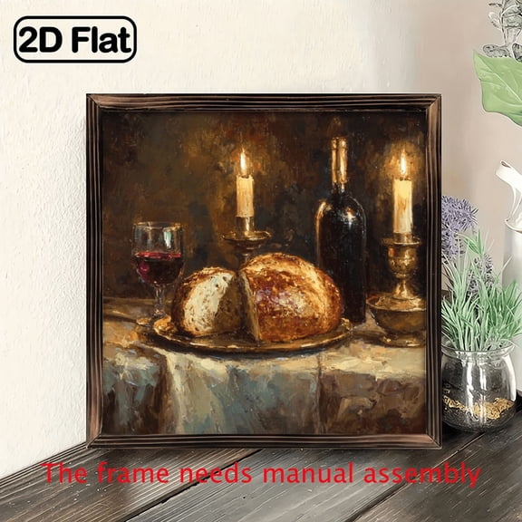 Sabbath_Shabbat Table Scene Art - 8x8 Inch Jewish-Themed WallTable Decor with Bread, Wine Candle Design - Ideal for Hanukkah, Christmas Home Celebrations 1pcs
