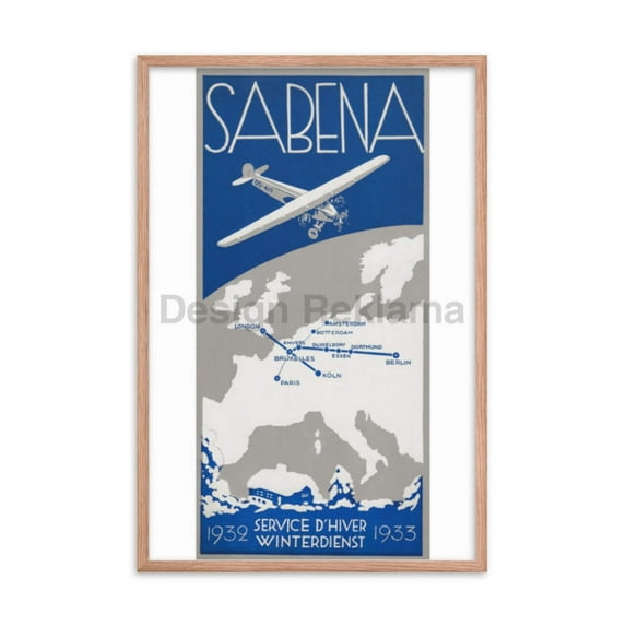 Sabena Airlines Belgium, Winter Service 1932-33, Framed Vintage Travel Poster