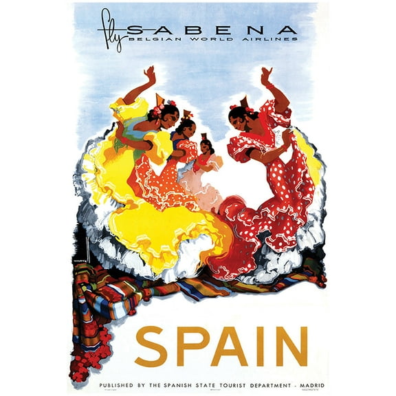 Sabena Airlines - Spain - Vintage Travel Poster (12x18Inches)