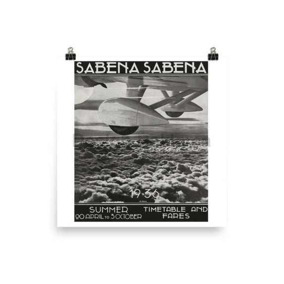 Sabena Belgium Airlines Summer 1936 Timetable, Unframed Vintage Travel Poster