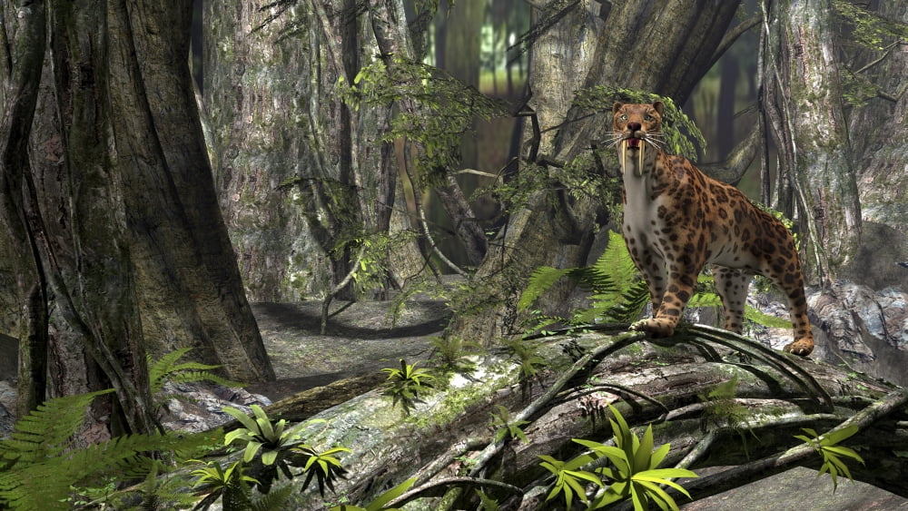 Saber-Toothed Tiger in a prehistoric forest Canvas Art - Kostyantyn IvanyshenStocktrek Images (19 x 11)