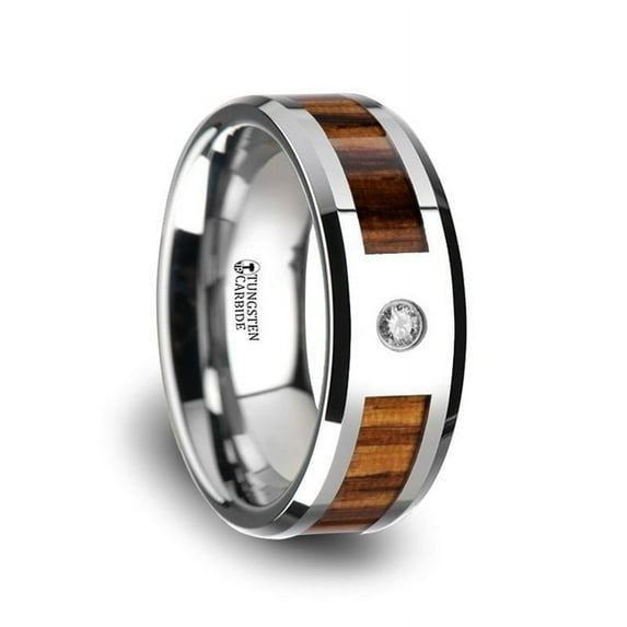 Saber Tungsten Carbide Diamond Ring With Beveled Edges And Real Zebra Wood Inlay