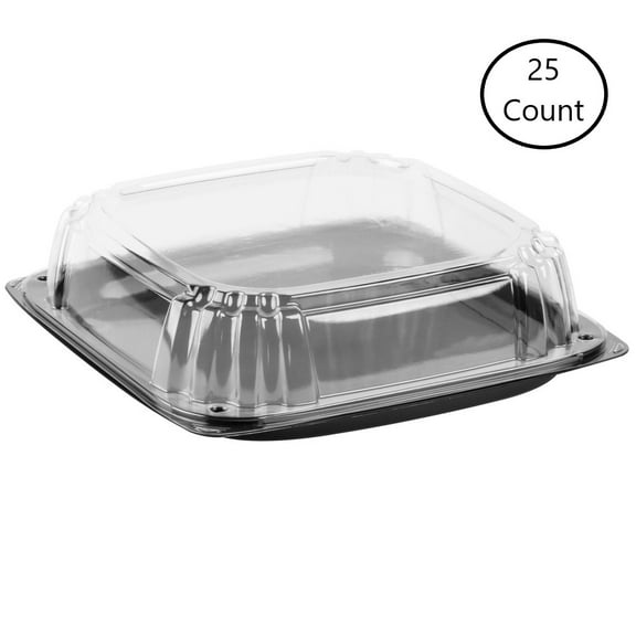 Sabert UltraStack Thermoformed Disposable Square Catering Tray with Lid Black Platter Clear Dome, 12" Length x 12" Width x 3.06" Height | 25/Case