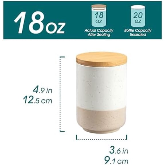 Sabine Small Ceramic Canister with Airtight Wood Lid - 18 oz Kitchen Storage for Coffee, Sugar, Tea & Spices - Compact Countertop Jar