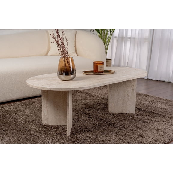 Modern Coffee Table, Travertine Color, 46,7" W, 15,7" H, 23,6" D Marble Design, For Living Room & Contemporary Spaces
