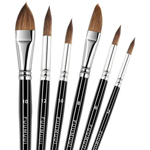 Sable Watercolor Brushes 6PCS Watercolor Paint Brushes for Artists Professional 6pcs - Pointed Rounds Cat Tongue Oval Wash Dagger for Watercolor Acrylics Inks Gouache Painting