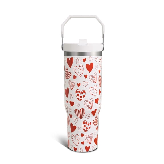 Sabobo Valentine's Day Gifts for Women Girls, 30 Oz Tumbler with Top Handle and Flip Straw, Red Hearts Stainless Steel Insulated Travel Coffee Cup, Lover Birthday Wedding Water Bottle for Her Y101