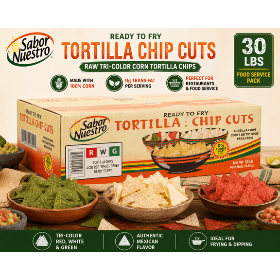 Sabor Nuestro Raw Tri-Color Corn Tortilla Chips, 30 lb Bulk Case, Ready-to-Fry Restaurant Style