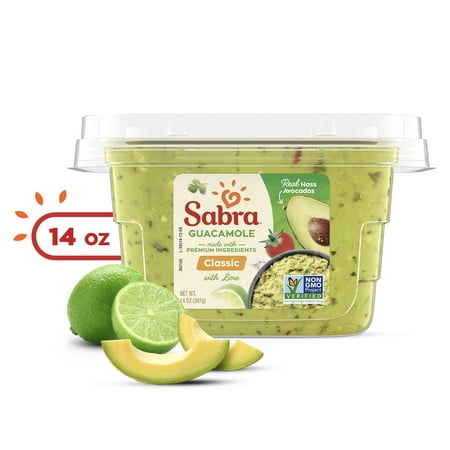 Sabra Classic Fresh Guacamole with Lime Dip, Non-GMO, Gluten Free, Chunky Homestyle Guac, 14 oz Tub