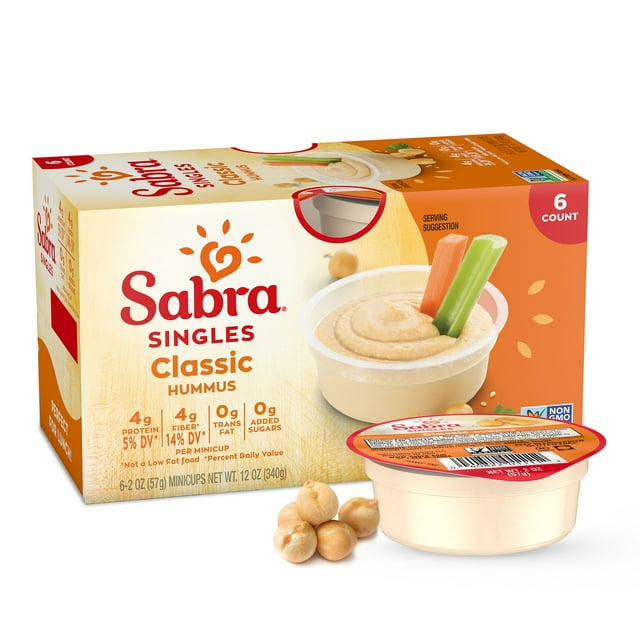 Sabra Classic Hummus Singles, 2 oz Plastic Cups (6 Pack), Gluten-Free, Serving Size 1 minicup (57g)