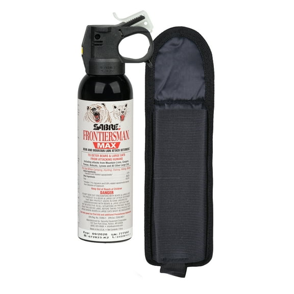 SABRE Frontiersman MAX Bear Spray and Mountain Lion Deterrent with Belt Holster, 7.9 oz, 40 ft Range, Max Strength, 1 Count, Adult, Camping, Hiking, Animal Pepper Spray
