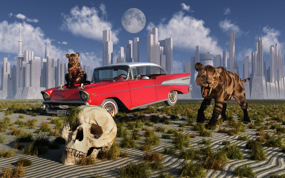 Sabre-toothed tigers find a 1950s American Chevrolet and signs of civilization Canvas Art - Mark StevensonStocktrek Images (36 x 23)